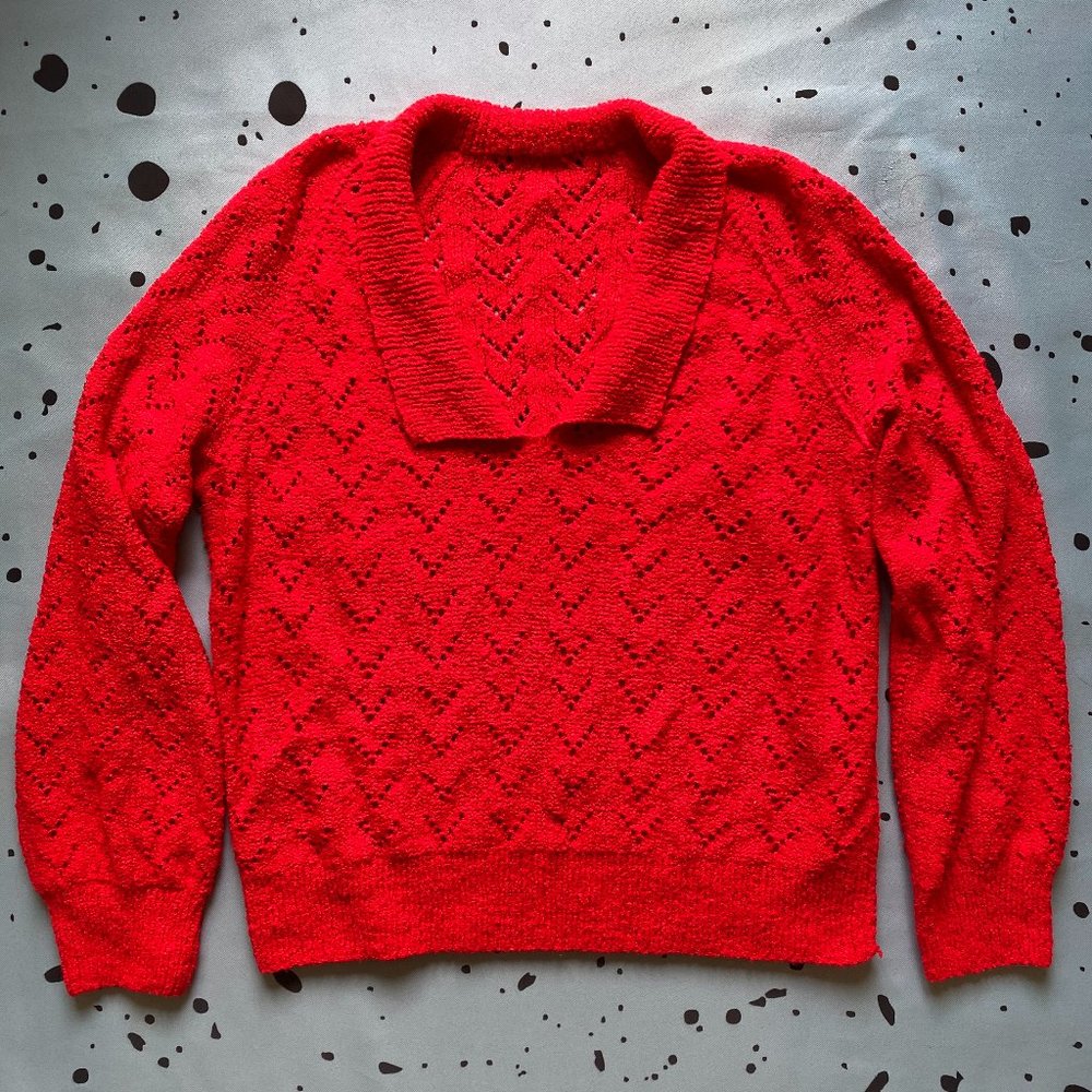 Vintage 70's Red Cropped V-Neck Collared Sweater L